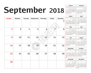 2018 年的简单日历规划器 设计 9 月模板 一套 12 个月 一周从星期日开始 日历计划周 办公室 插图图片