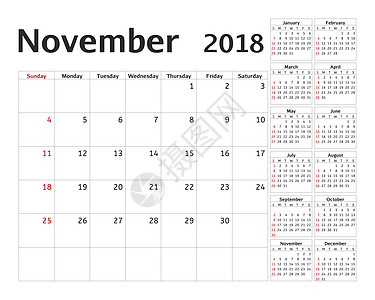 2018 年的简单日历规划器 设计 11 月模板 一套 12 个月 一周从星期日开始 日历计划周 十月 十二月图片