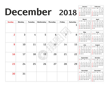 2018 年的简单日历规划器 设计 12 月模板 一套 12 个月 一周从星期日开始 日历计划周 规划师 记事簿图片