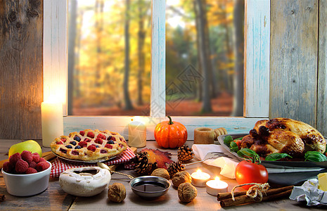 感恩节晚餐 鸡 收成 南瓜 蜡烛 蛋糕 食物 秋天图片