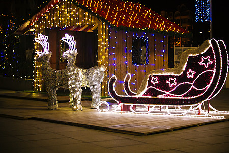 圣诞装饰品-驯鹿和雪橇 圣诞彩灯 圣诞之夜 灯火通明的雪橇和两只鹿 圣诞老人 十二月图片