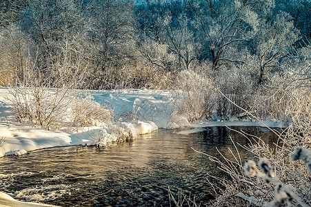 充满河流和森林的寒冬阳光明媚的风景 春天 二月图片