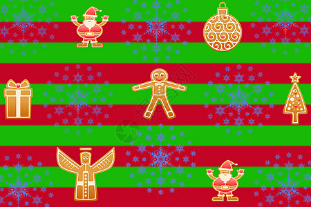 圣诞红绿条纹背景 配有不同形状的姜饼和雪花星 非常适合圣诞老人的礼物包装纸或背景图片