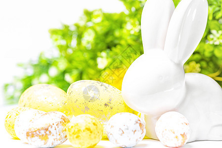 复活节快乐 在白色背景的复活节白色兔子用复活节彩蛋 复活节贺卡与复活节兔子 春天 庆典图片