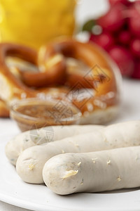 巴伐利亚白香肠配椒盐卷饼 蔬菜 慕尼黑啤酒节 饮料 德国图片