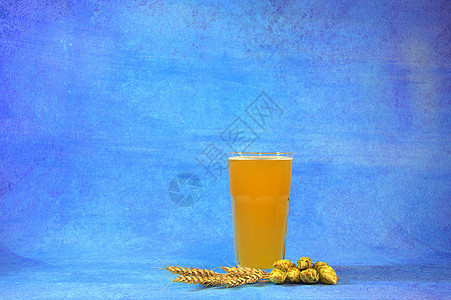 一杯有泡沫的轻啤酒 小麦耳朵和蓝底泡果子图片