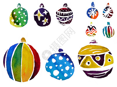 水彩圣诞球套装和新年装饰品 它可用于包装纸卡明信片海报横幅图片