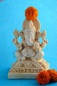 印度神象头神 在蓝色背景上的象头神偶像 卡片图片