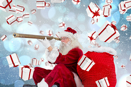 圣诞老人通过望远镜观察的综合图像 庆祝 红色的 礼物背景