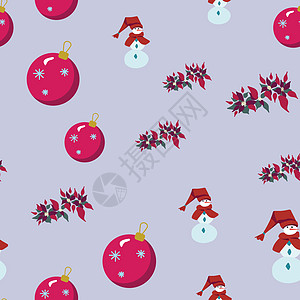 手绘圣诞装饰圣诞泡泡雪人和一品红无缝模式背景