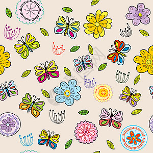 无缝模式与涂鸦花和蝴蝶图片