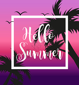 你好夏天海报模板在日落和棕榈树的背景上的白色框架 海边的海滩概念假期假期 插图 潮人 热带图片