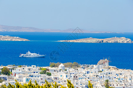 希腊Mykonos岛传统希腊村与白房子的景象 蓝色的 城市图片