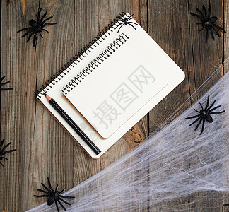 空白白页 蜘蛛网和黑螺纹打开笔记本 堵塞 空的高清图片