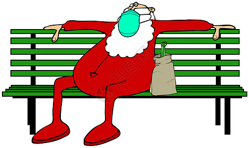 喝醉的圣诞老人坐在公园长椅上图片