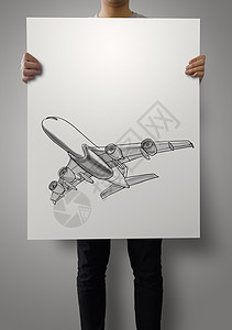在海报纸背景上展示手绘飞机的人 涡轮 湍流 货物图片