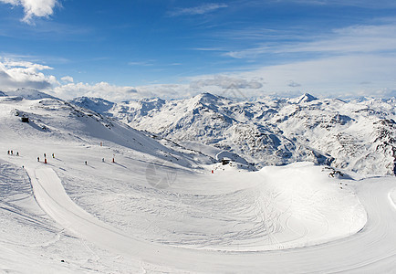 高山滑雪度假胜地的平板滑雪场上的滑雪者 山脉图片