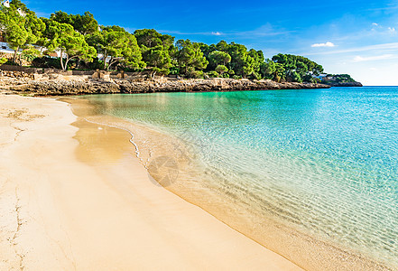 西班牙马洛卡海滩卡拉格兰 地中海巴利阿里群岛Santanyi美丽的海边图片