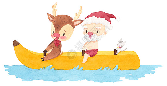 鹿和猫在香蕉船上 白色背景的可爱漫画人物设计 6月圣诞节用于海报 营销 广告 夏季销售 贺卡 剪切路径图片