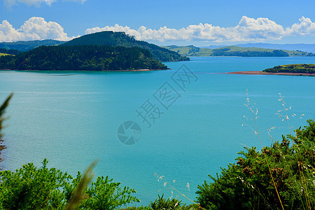 新西兰的海岸;美丽的海景 明亮的蓝色海洋和远处的一个小岛 云 夏天图片