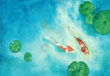 水彩手绘画 两只鱼鱼在池塘中 是好运和繁荣的象征 卡片 财富图片