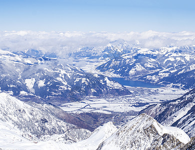 冬季景观 雪覆盖的斜坡和蓝天 从山顶鸟瞰湖Kaprun 滑雪胜地 国家公园 奥地利阿尔卑斯山 欧洲 冰 卡普伦图片