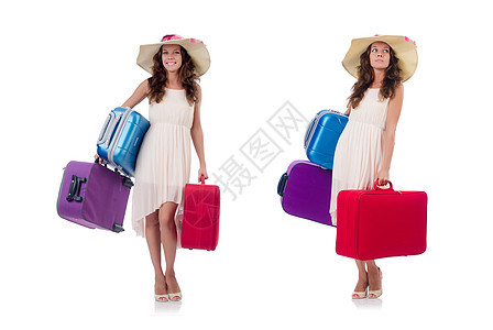 携带手提箱的白色孤立在白色上的妇女旅行者 女士 快乐的图片