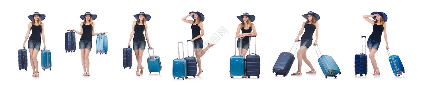 女孩与手提箱隔离在白色上 包装 时尚 案件 公文包图片