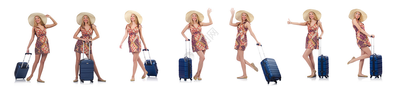 旅行 背包妇女去暑假 孤立在白色的 包装 手提箱 姿势 女士背景