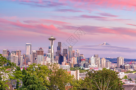 日落时的西雅图天线全景 从凯里公园看到图片
