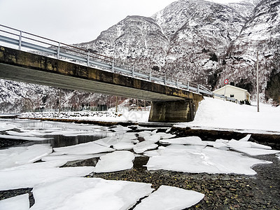 冬季风景冰冻的河湖湾 冰岸桥和挪威 雪 水图片