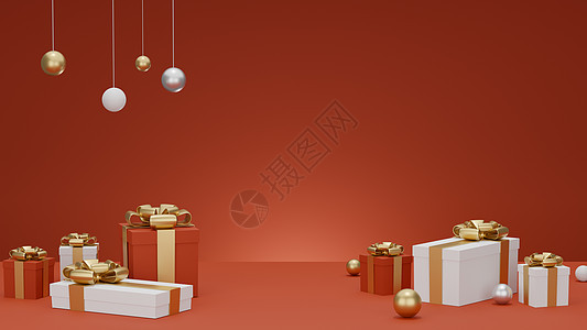 3D 圣诞和新年问候 横幅上贴着红礼盒 渲染图片