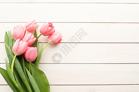 白木桌背景上带有复制空间的粉红色郁金花图片