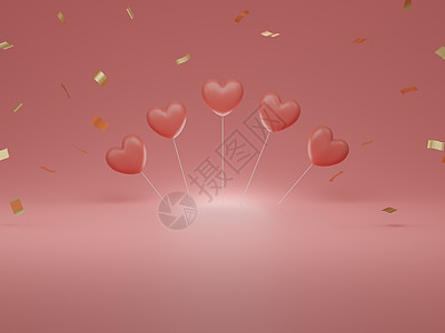 情人节概念粉色背景上的粉色心形气球 3D 渲染 文本的空白空间 插图 快乐的图片