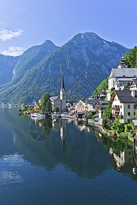 奥地利阿尔卑斯阿尔卑斯州的Hallstat 奥地利湖边的旧城风景 历史性 上奥地利州背景