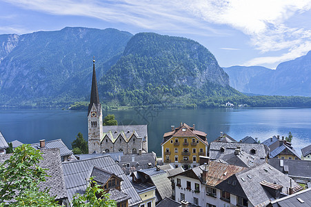 阿尔卑斯州的Hallstat 奥地利湖边的旧城风景 建筑物 旅行图片