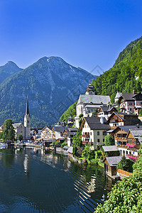 阿尔卑斯州的Hallstat 奥地利湖边的旧城风景 房屋 旅游目的地图片