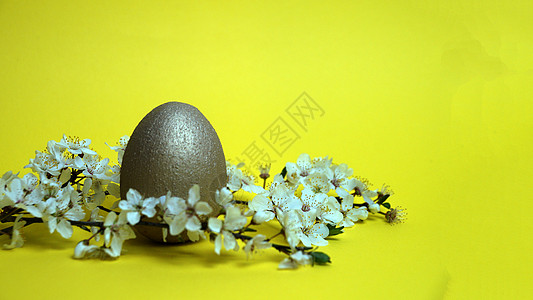 黄色台子和金蛋黄色背景复活节概念上的金蛋和花枝 复活节彩蛋 礼物背景