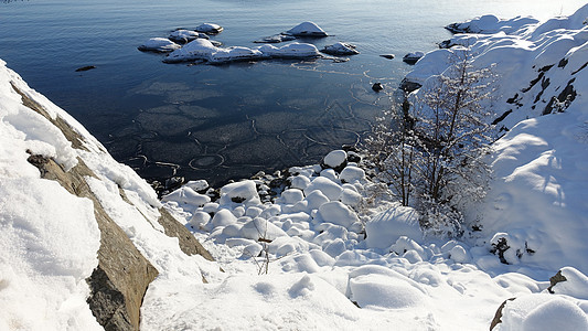 冬天清晨 阳光照在雪湾上 欧洲 岛 地平线 岩石图片