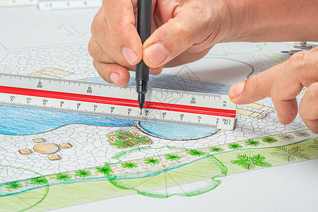 景观建筑设计设计设计后院池计划 配有大型标尺 草图 水池图片