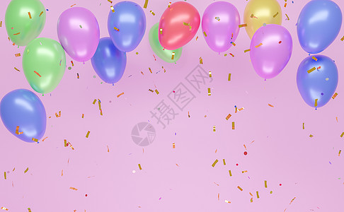 粉红色墙上的彩色气球 五彩纸屑掉落图片