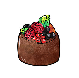 圆形蛋糕的彩色图画完全覆盖着棕色巧克力 并在白色孤立的背景上装饰着草莓覆盆子蓝莓醋栗图片