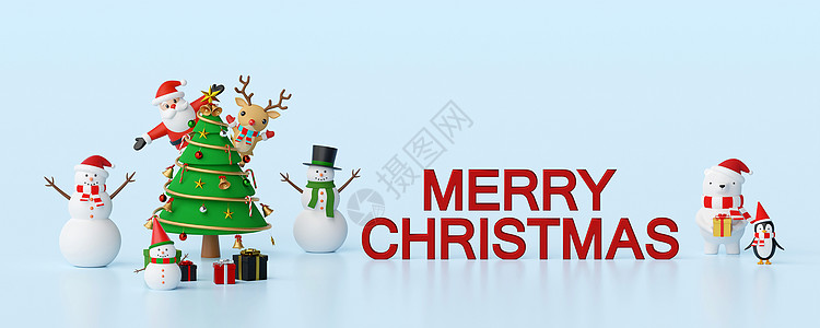 圣诞快乐和新年快乐横幅圣诞庆祝与圣诞老人和 friends3d 渲染图片
