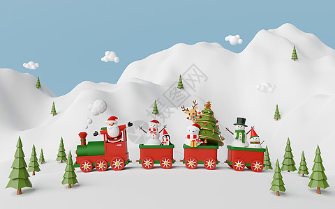 恭贺新年圣诞快乐 新年快乐圣诞火车场景与圣诞老人和朋友在雪山 3d 渲染背景