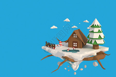 雪中房屋的 3D 插画家 3d 渲染低多边形几何 Lowpoly 极简风格艺术 村庄 游客图片