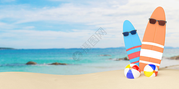 冲浪板戴着太阳镜与球在 beach3d 它制作图案图片