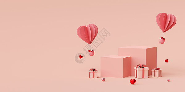带有礼品盒3d渲染的心形气球的讲台情人节横幅背景 生日 闪光图片
