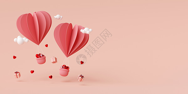 心形气球情人节横幅背景与礼品盒 3d 渲染 明信片 庆祝图片