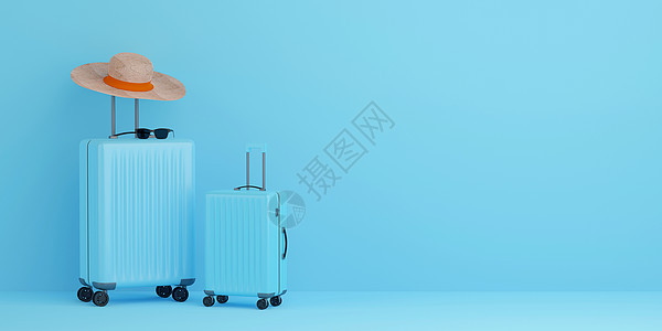 带旅行配件的手提箱在蓝色 background3d 它制作图案 旅游 航程图片