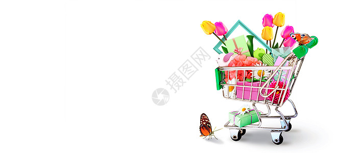小型购物车 配有多彩鲜花和蝴蝶 展示 互联网 浪漫的图片
